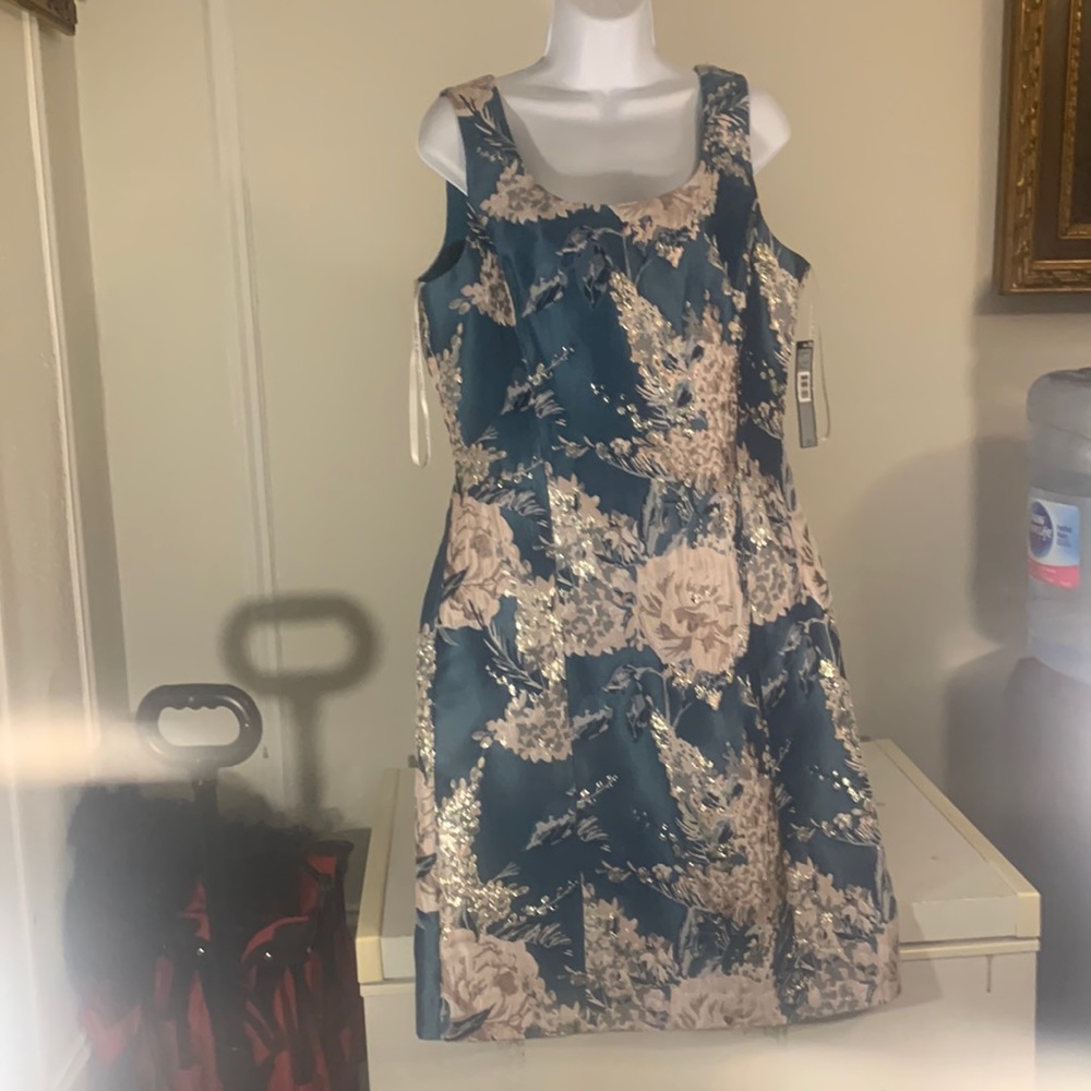 Tahari Arthur S. Levine dress teal pink met flrl sheath